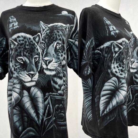 Vintage 90s Nature All Over Print Leopard in Jungle Single Stitch T-Shirt Sz Lrg - Picture 1 of 15